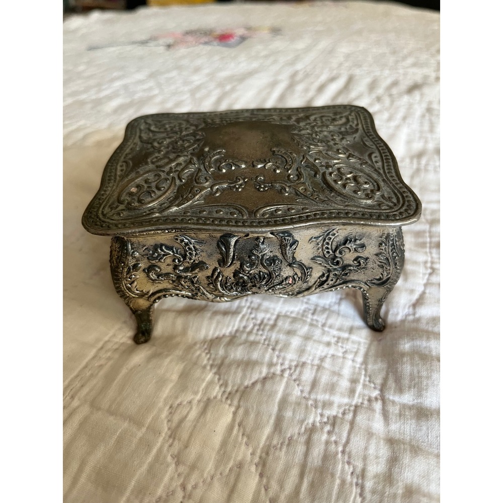 Vintage Ornate Silver Tone Footed Jewelry Box Red Velvet Lining Embossed Floral